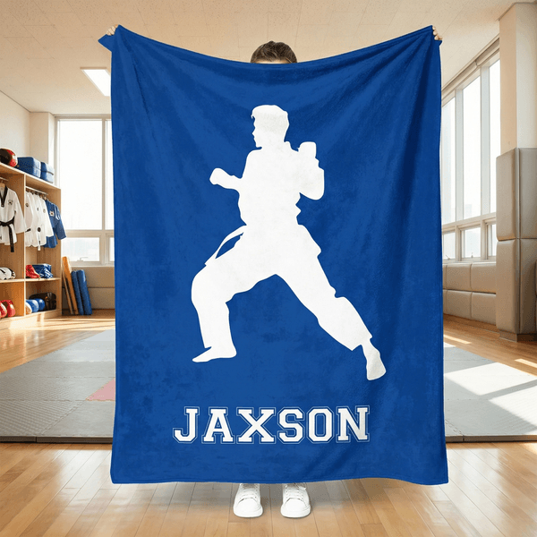 Personalized Taekwondo Silhouette Soft Throw Blanket with Name Home Decor Daily Use Birthday Gift for Taekwondo Enthusiasts