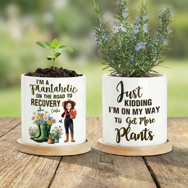 Pot de fleurs en céramique avec nom et base en bambou Cadeau d'anniversaire pour les amoureux du jardinage Famille