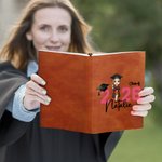 Personalized Cartoon Graduate Character Leather Cover Notebook with Name Portable Graduation Travel Essentials Gift for Women