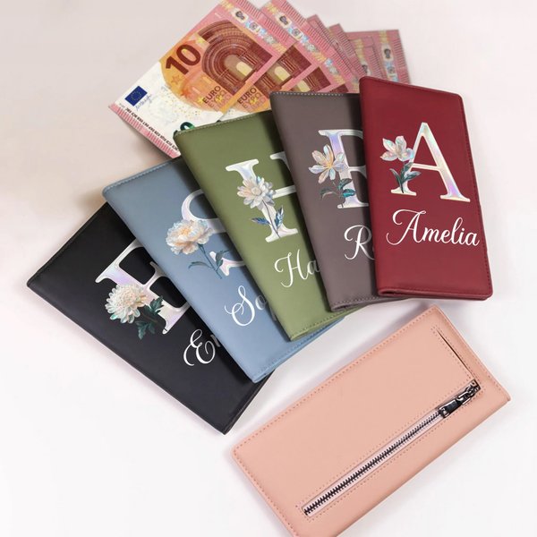 Personalisierte Portemonnaie im irisierenden Design | mit Geburtsblume Namen und Initiale | Geldbörse | Geburtstag Muttertag Geschenk für Damen