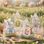 Gepersonaliseerde krans aquarel Beatrix Potter Peter Konijn initiaal helder geschenk tas met naam en roze strik lint paaseieren jagen feest cadeau voor kinderen