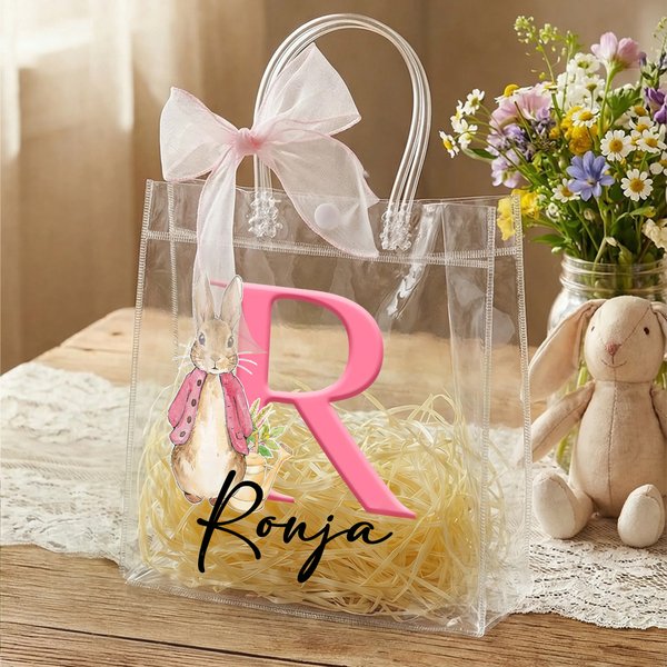 Personlig påskväska med initial och namn söt genomskinlig presentväska med rosa rosett perfekt till barnens äggjakt