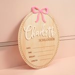 Personalized Coquette Bow Wooden Oval Baby Announcement Sign with Name and Birth Stats Baby Shower Gift for Newborns Expecting Parents