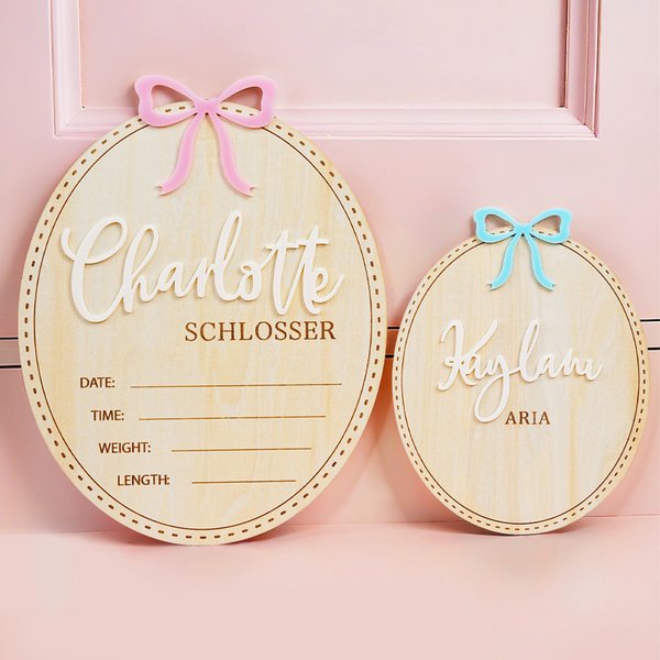 Personalized Coquette Bow Wooden Oval Baby Announcement Sign with Name and Birth Stats Baby Shower Gift for Newborns Expecting Parents