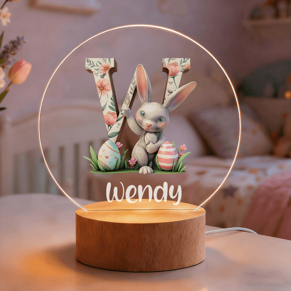 Personalized Flower Easter Bunny Initial LED Night Light with Name and Wooden Base Room Decor Birthday Easter Party Gift for Kids