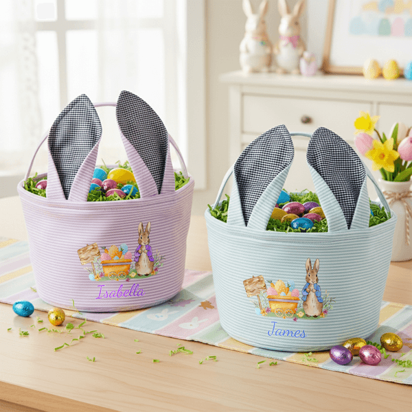 Personalized Cute Rabbit Easter Egg Ears Stripe Easter Basket with Name Easter Party Favor Eggs Hunting Gift for Kids