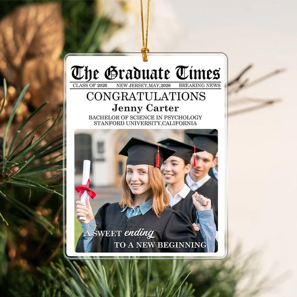 Spersonalizowana akrylowa ozdoba ze zdjęciem The Graduate Times Class of 2026 z imieniem i tekstem Prezent dla absolwentów na przyjęcie z okazji ukończenia studiów