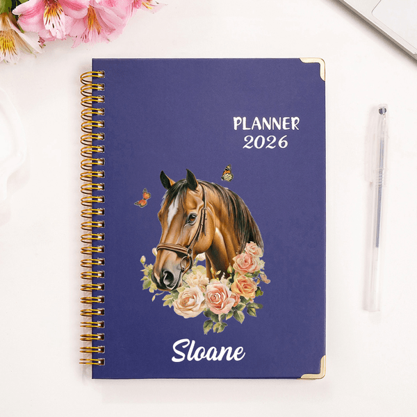 Personalized Horse Flower Butterfly 2026 Planner A5 Spiral Notebook with Name and Weekly Monthly Planner Pages Birthday Gift for Horse Owners Lovers