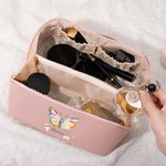 Watercolor Butterfly Floral Leather Wide Opening Makeup Bag with Name Portable Travel Accessories Birthday Bridesmaid Gift for Women