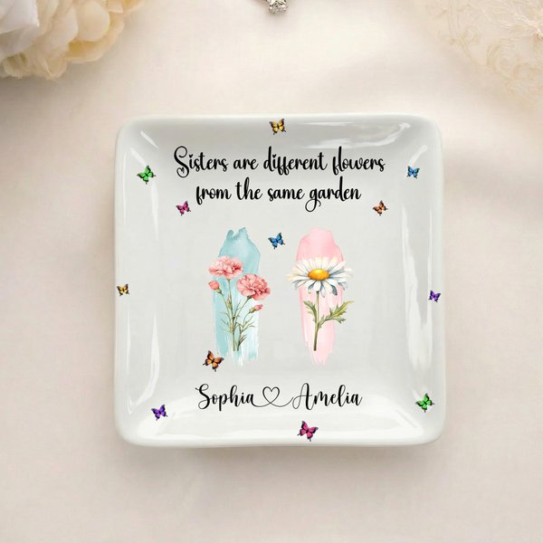 Personalized Birth Flower Square Ceramic Trinket Jewellery Dish with Name and Title Birthday Affirmation Gift for Friends Sisters Besties