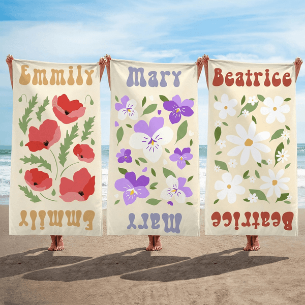 Personalized Abstract Style Birth Flower Quick Dry Oversized Beach Towel with Name Beach Party Birthday Gift for Family Friends