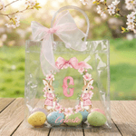 Personalisierte Kranz Aquarell Beatrix Potter Peter Rabbit Initial klar Geschenk Tasche mit Namen und rosa Schleife Band Ostereierjagd Party Geschenk für Kinder