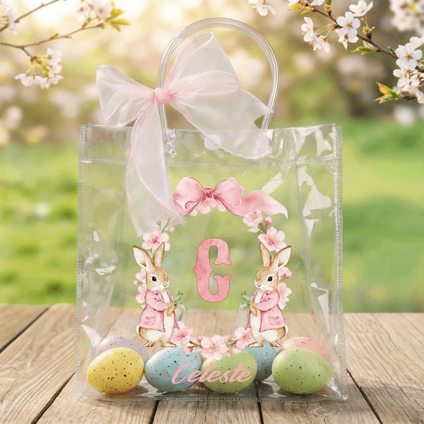 Sac cadeau transparent avec nom et ruban rose pour la chasse aux oeufs de Pâques Cadeau pour enfants