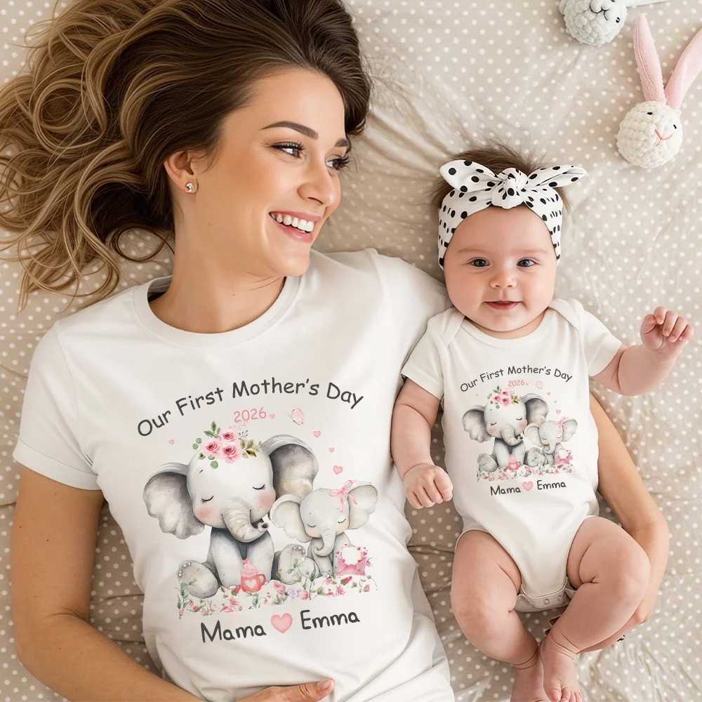Personalisierter Babybody zum Thema Elefantenfamilie | T-Shirt im Partnerlook wählbar | 100% Baumwolle | mit Namen | Muttertag Geschenk für Babys Mama