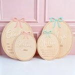 Personalized Coquette Bow Wooden Oval Baby Announcement Sign with Name and Birth Stats Baby Shower Gift for Newborns Expecting Parents