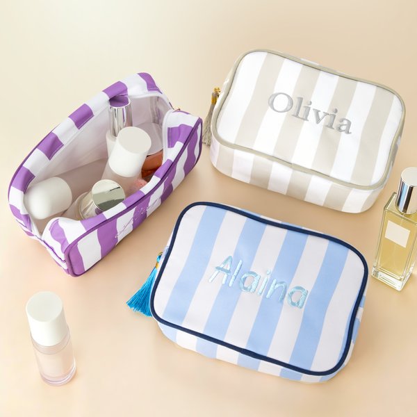Personalised Multicolour Embroidered Name Striped Makeup Bag with Tassel Travel Essential Birthday Mother's Day Gift for Women