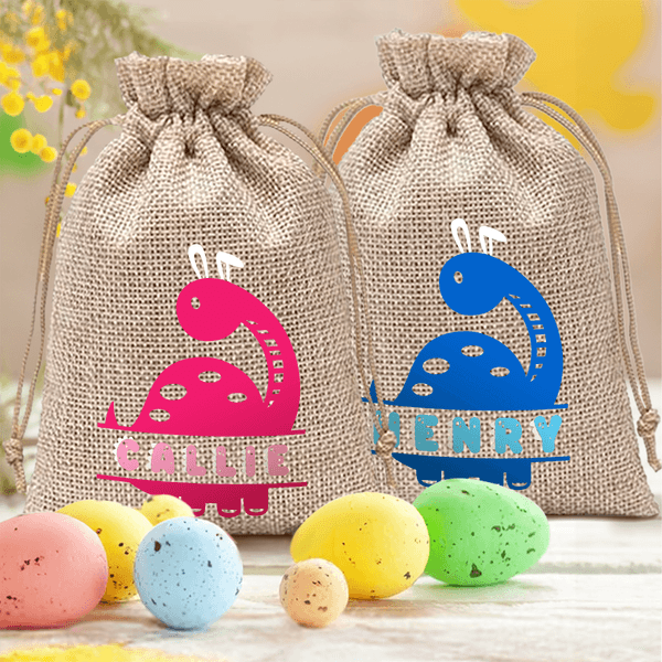 Personalizado lindo dinosaurio de orejas de conejo bolsa de regalo de cordón con el nombre de Pascua de caza Fiesta de Regalo para Niños Niñas