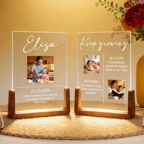 Personligt LED-nattljus i akryl med mjukt sken med flera teman, fototext och träfot I kärleksfullt minne Julklapp till vänner och familj