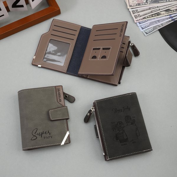 Portefeuille personnalisé avec photo initiale et nom gravés - Porte-billet triple-pli en cuir PU - Cadeau d'anniversaire fête des Pères pour hommes