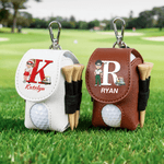 Personalized Cartoon Character PU Leather Golf Ball Bag Tee Holder with Initial and Name Golf Accessories Birthday Gift for Golf Lovers