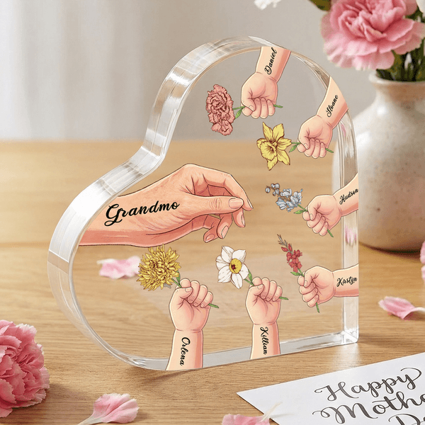 Personalised Birth Flower 1-6 Hands Mom Grandmom Acrylic Heart Plaque with Names Home Decor Birthday Gift for Mother Grandmother