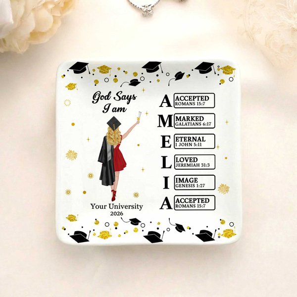 Personalized Cartoon Graduate Character Bible Name Ceramic Trinket Jewellery Dish with Year and School Name Graduation Gift for 2026 Graduates