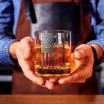 Personalised Vintage American Flag Design 10 oz Rock Whiskey Glass with 1-6 Names Father's Day Birthday Gift for Men Whiskey Lovers