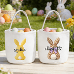 Personalised Cute Watercolor Rabbit Large Capacity Canvas Easter Basket with Name Eggs Hunting Party Easter Day Gift for Kids