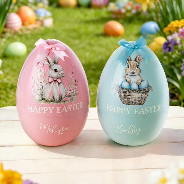 Personalised Happy Easter Bow Rabbit Giant Easter Egg Ornament with Name Basket Stuffer Easter Party Gift for Family Kids