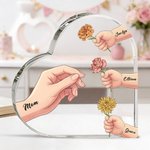 Personalised Birth Flower 1-6 Hands Mom Grandmom Acrylic Heart Plaque with Names Home Decor Birthday Gift for Mother Grandmother