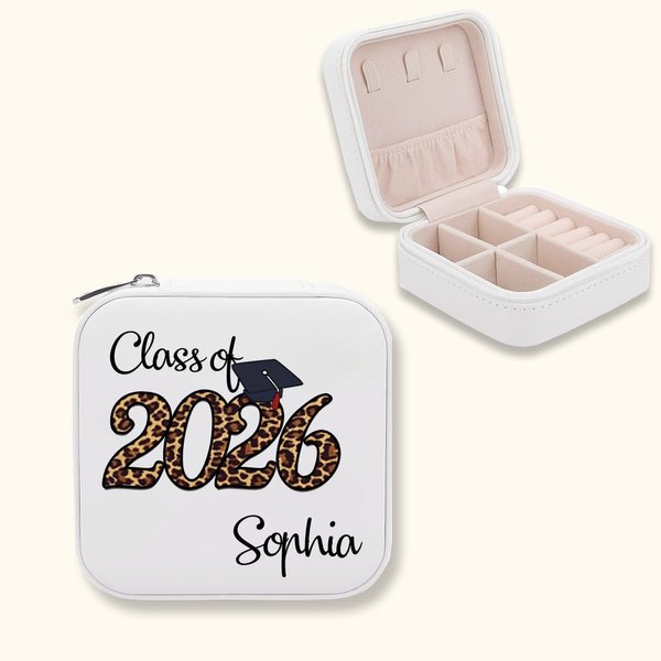 Personalizado Clase de 2026 Graduación Joyero con Glitter Leopardo Diseño Texto Portátil Viaje Graduación Regalo Graduados