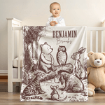 Personalized Vintage Classic Winnie the Pooh Friends Sketch Soft Throw Blanket with Name Baby Shower Birthday Gift for Newborns Kids