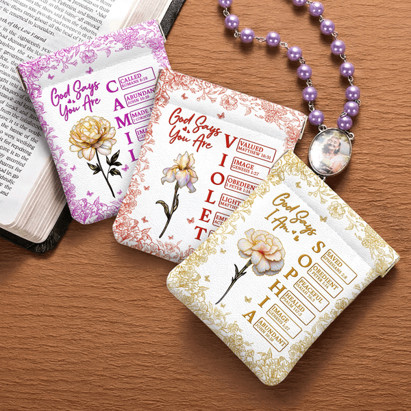 Personalised God Says I Am Birth Flower PU Leather Rosary Pouch with Name Daily Storage Mother's Day Gift for Christian Mother