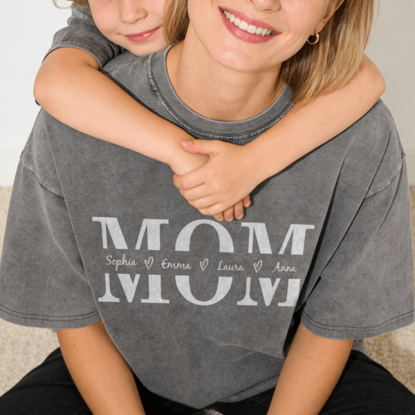 Personalized Mom Text Design Soft Distressed 100% Cotton T-shirt  with 1-4 Names Daily Wear Mother's Day Birthday Gift for Woman Mom