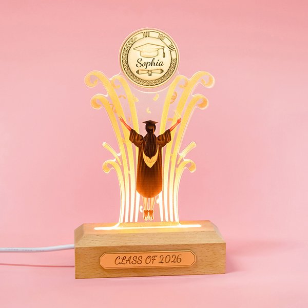 Veilleuse LED personnalisée avec base en bois Ornement souvenir Cadeau pour les diplômés de l'université ou de l'école secondaire