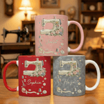 Personalized Scissors Button Sewing Machine Pattern 11 oz 15 oz Ceramic Mug with Name Daily Drinking Birthday Gift for Mother Seamstress