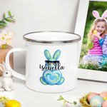 Tazza personalizzata coniglio acquerellato da 12 once con nome, uova e caccia, regalo di Pasqua per bambini