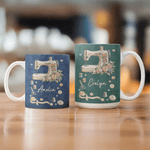 Personalized Scissors Button Sewing Machine Pattern 11 oz 15 oz Ceramic Mug with Name Daily Drinking Birthday Gift for Mother Seamstress