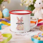 Tazza personalizzata coniglio acquerellato da 12 once con nome, uova e caccia, regalo di Pasqua per bambini