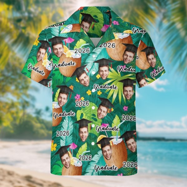 Casquette personnalisée avec photo du visage Chemise hawaïenne avec nom et année Fête de fin d'études Fête de vacances d'été Cadeau pour homme