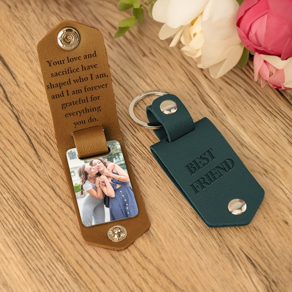 Personalized Multicolor Photo Leather Keychain with Engraved Title and Text Birthday Anniversary Gift for Family Friends Lover