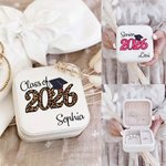 Gepersonaliseerde Klasse van 2026 Afstuderen Sieraden Doos met Glitter Luipaard Ontwerp Tekst Draagbare Reizen Afstuderen Gift Afstudeerders