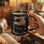 Personalized Scissors Button Sewing Machine Pattern 11 oz 15 oz Ceramic Mug with Name Daily Drinking Birthday Gift for Mother Seamstress