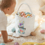 Personalized Cute Watercolor Rabbit Large Capacity Canvas Easter Basket with Name Eggs Hunting Party Easter Day Gift for Kids