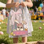 Personalized Cute Cartoon Rabbit Transparent Tote Bag with Pink Bow and Name Eggs Hunting Party Easter Gift for Boys Girls
