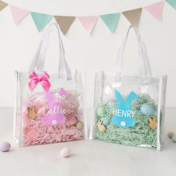 Sac d'œufs transparent personnalisé avec nom à silhouette de lapin - Cadeau d'anniversaire Pâques pour les enfants