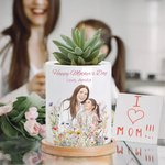 Henkilökohtainen akvarelli Photo Style Flower Keraaminen kasvi Potin nimi ja Bambu Base Äitienpäivä Syntymäpäivälahja äidille isoäitiille