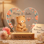 Personalised Cute Mom-Child Animal Floral Heart Shape Acrylic LED Night Light with Name and Wooden Base First Mother's Day Gift for New Mom
