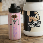 Personalised Cartoon Fitness Girl Vertical Stripe 12 oz/18 oz Insulated Water Bottle with Name Birthday Gift for Women Fitness Lovers