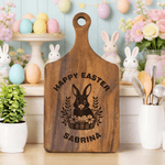 Personalized Happy Easter Cute Bunny Wooden Reversible Charcuterie Cutting Board with Engraved Names and Grip Easter Gift for Family Friends